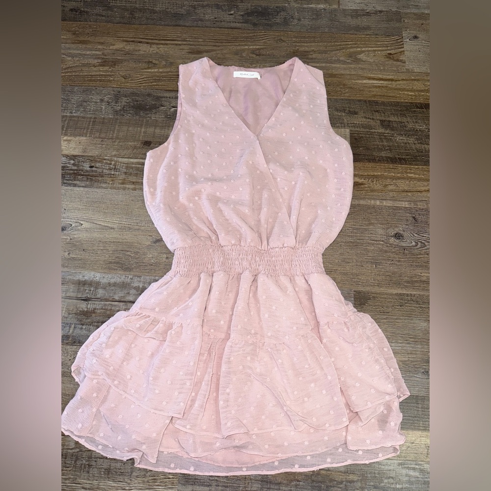 Mustard Seed Mauve Pink Swiss Dot Tiered Ruffle Mini Dress Smocked Waist Small